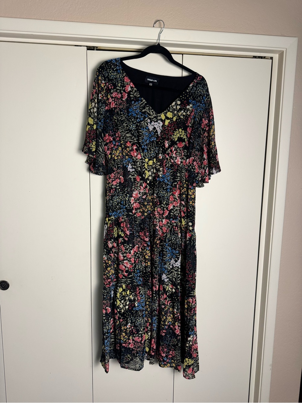 Sugarlips Black Floral V-Neck Midi Dress with Pink, Blue & Yellow Accents